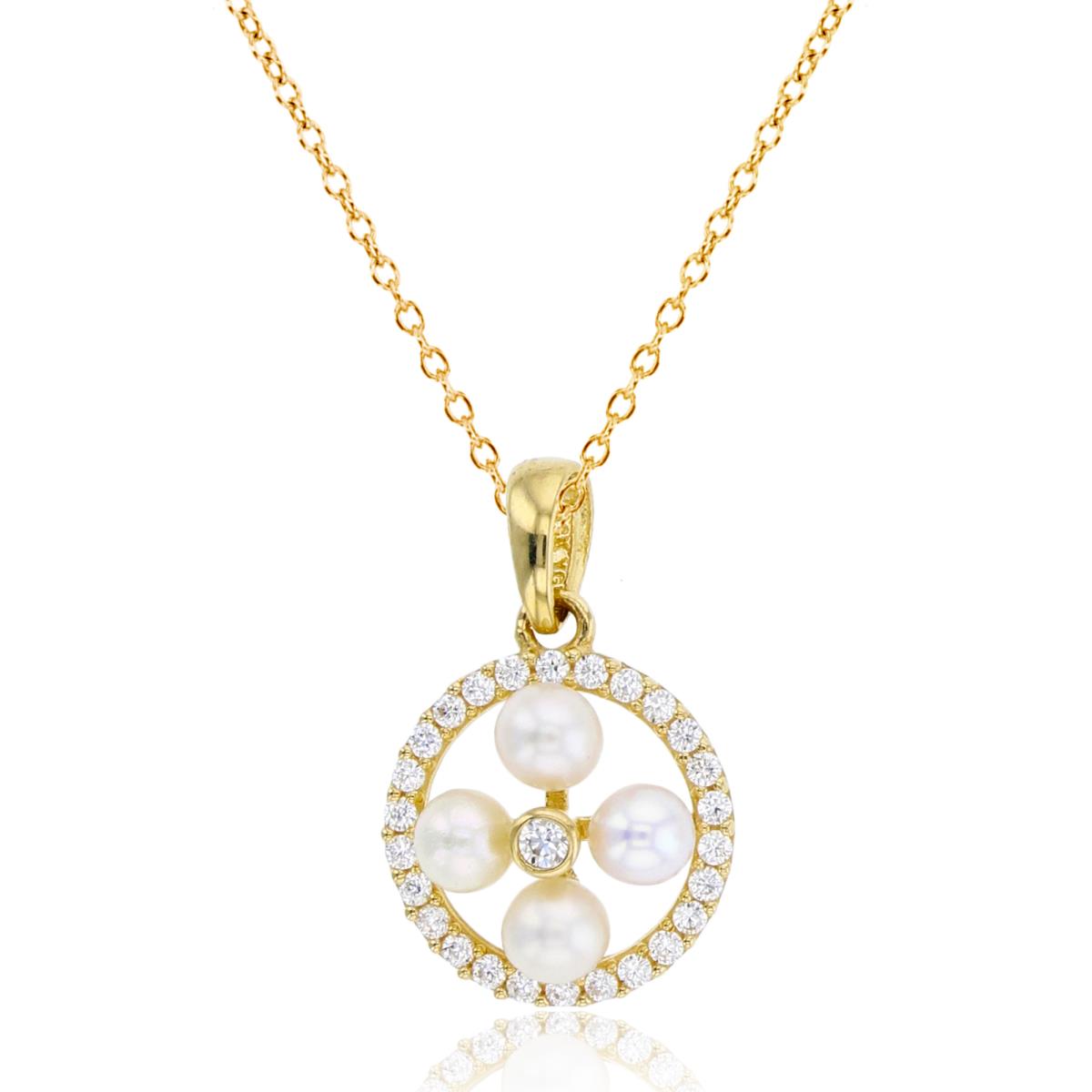 10K Yellow Gold 3mm Fresh Water Pearl & Rnd CZ Flower in Circle 18"Necklace