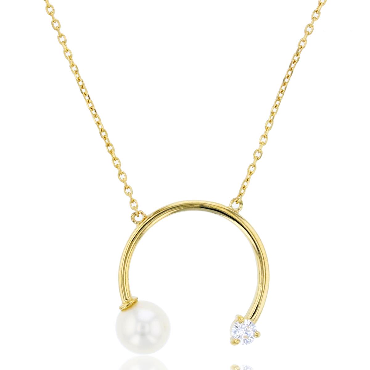 10K Yellow Gold 5mm Fresh Water Pearl & Rnd CZ in Open Half Circle 18"+2"Necklace
