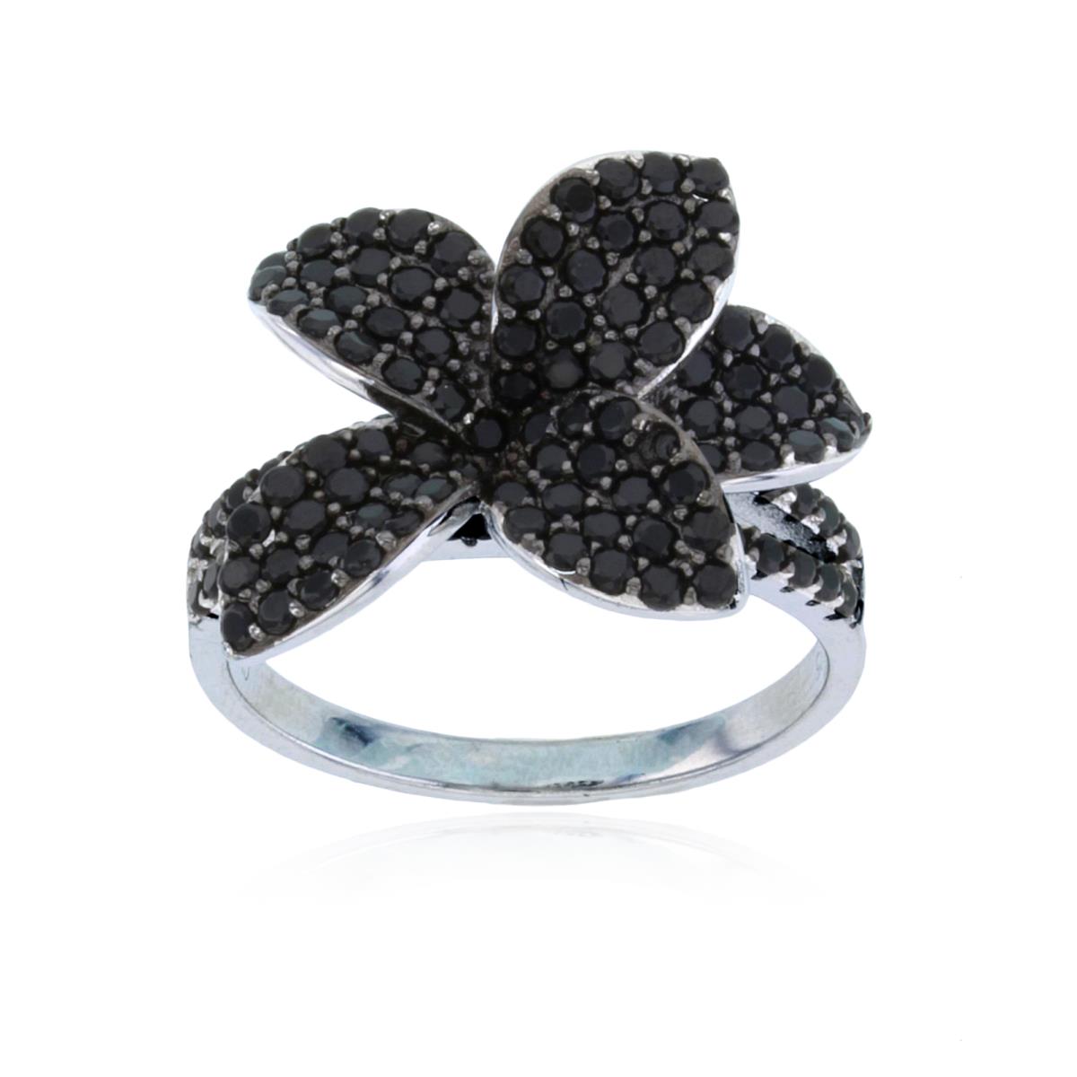 Sterling Silver Rhodium Rnd Black Spinel Micropave Leaves Ring