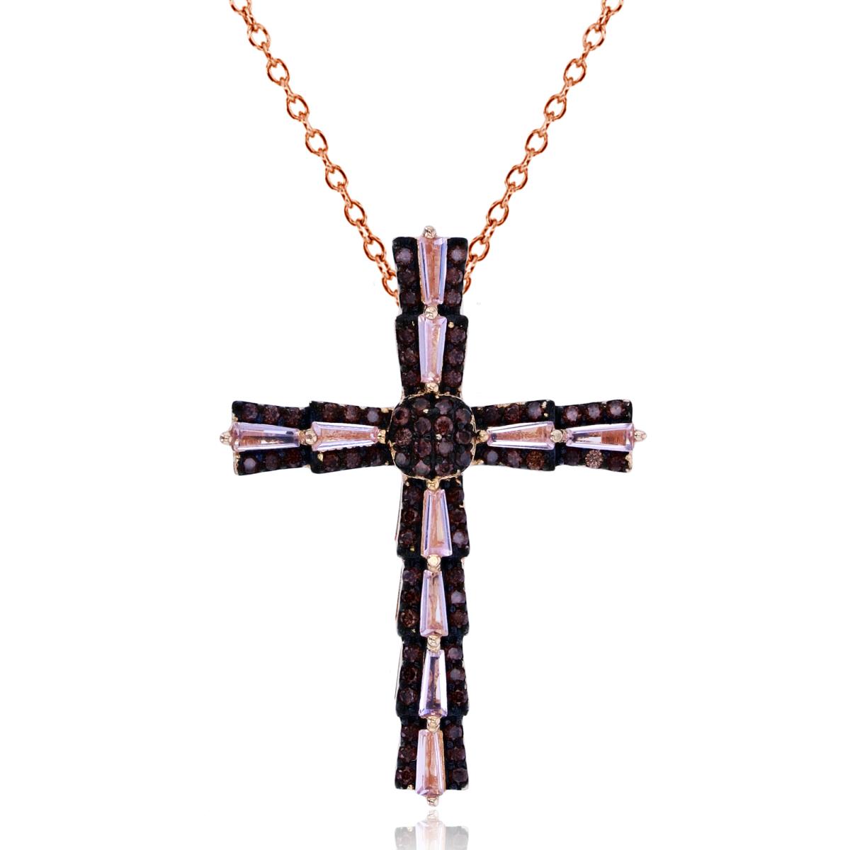 Sterling Silver+1Micron Rose Gold Rnd Brown & TB Morganite CZ Cross 18"Necklace