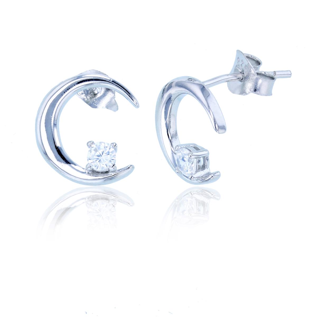 Sterling Silver Rhodium 3mm Rd CZ Crescent Moon Stud Earring