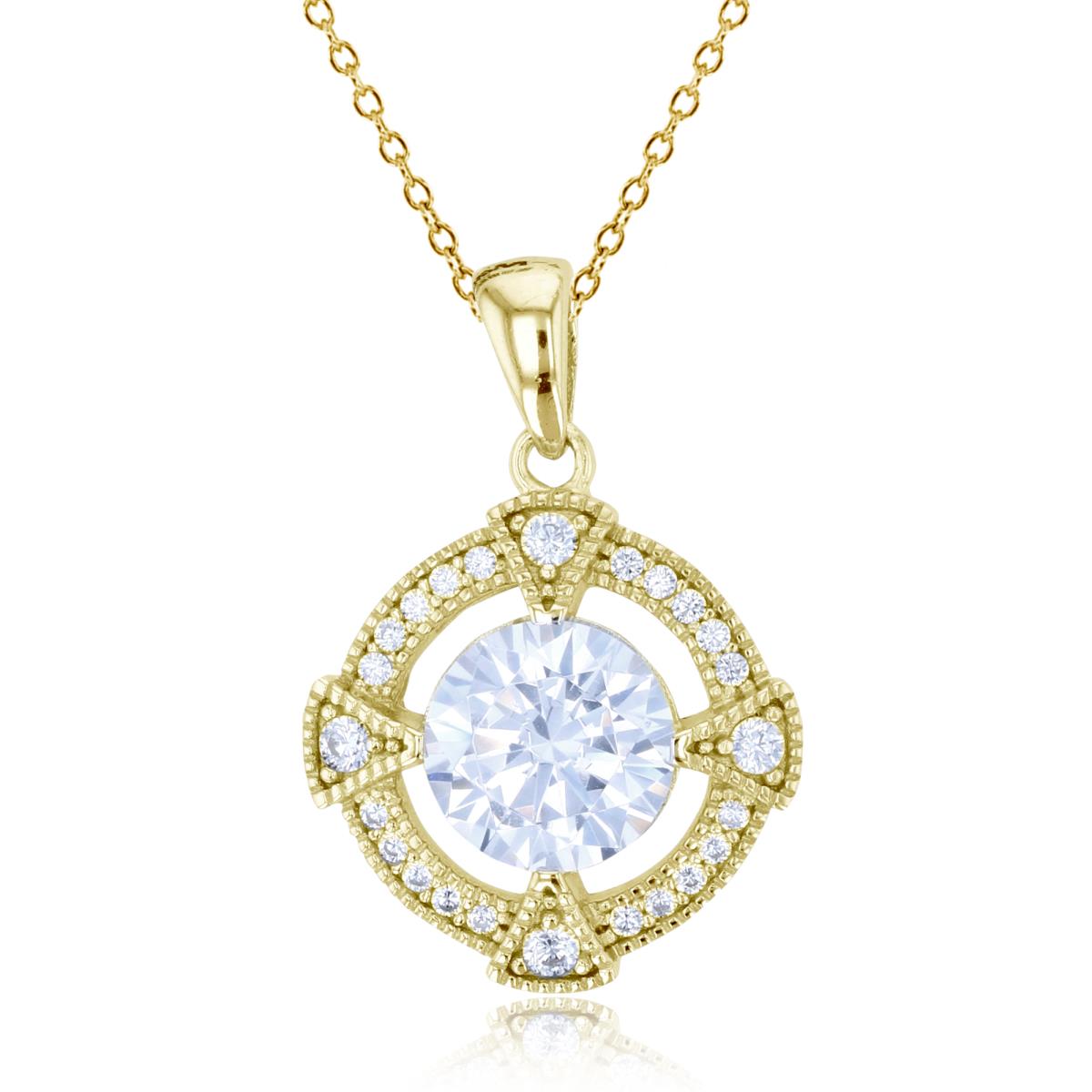 Sterling Silver+1Micron Yellow Gold 8mm Rnd Center CZ Milgrain Halo Circle 18"Necklace