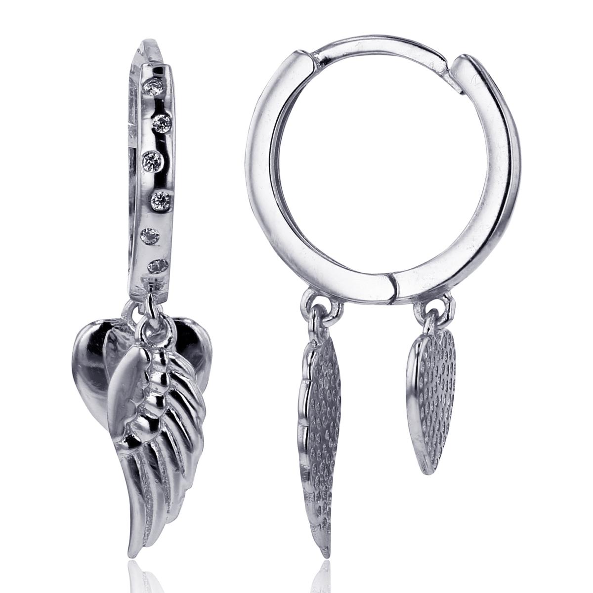 Sterling Silver Rhodium Textured Wing & High Polish Heart Dangling CZ Huggie Earrings