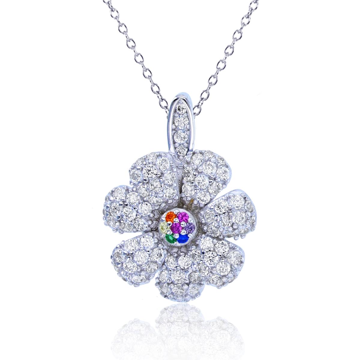 Sterling Silver Rhodium Rnd White & Multicolor CZ Flower 18"Necklace