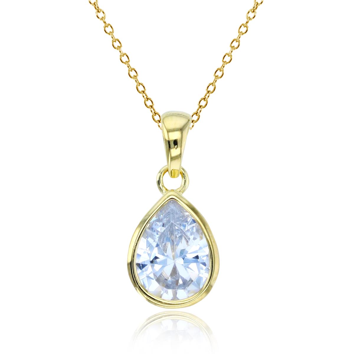 Sterling Silver+1Micron Yellow Gold 8x6mm PS CZ Bezel Pear-shape 18"Necklace