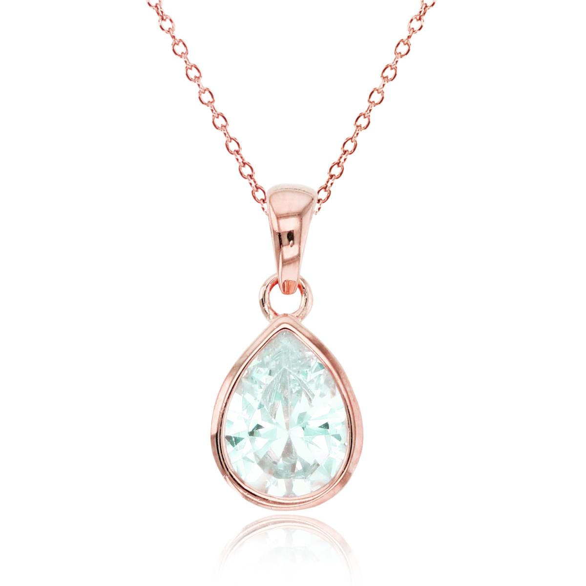 Sterling Silver+1Micron Rose Gold 8x6mm PS CZ Bezel Pear-shape 18"Necklace