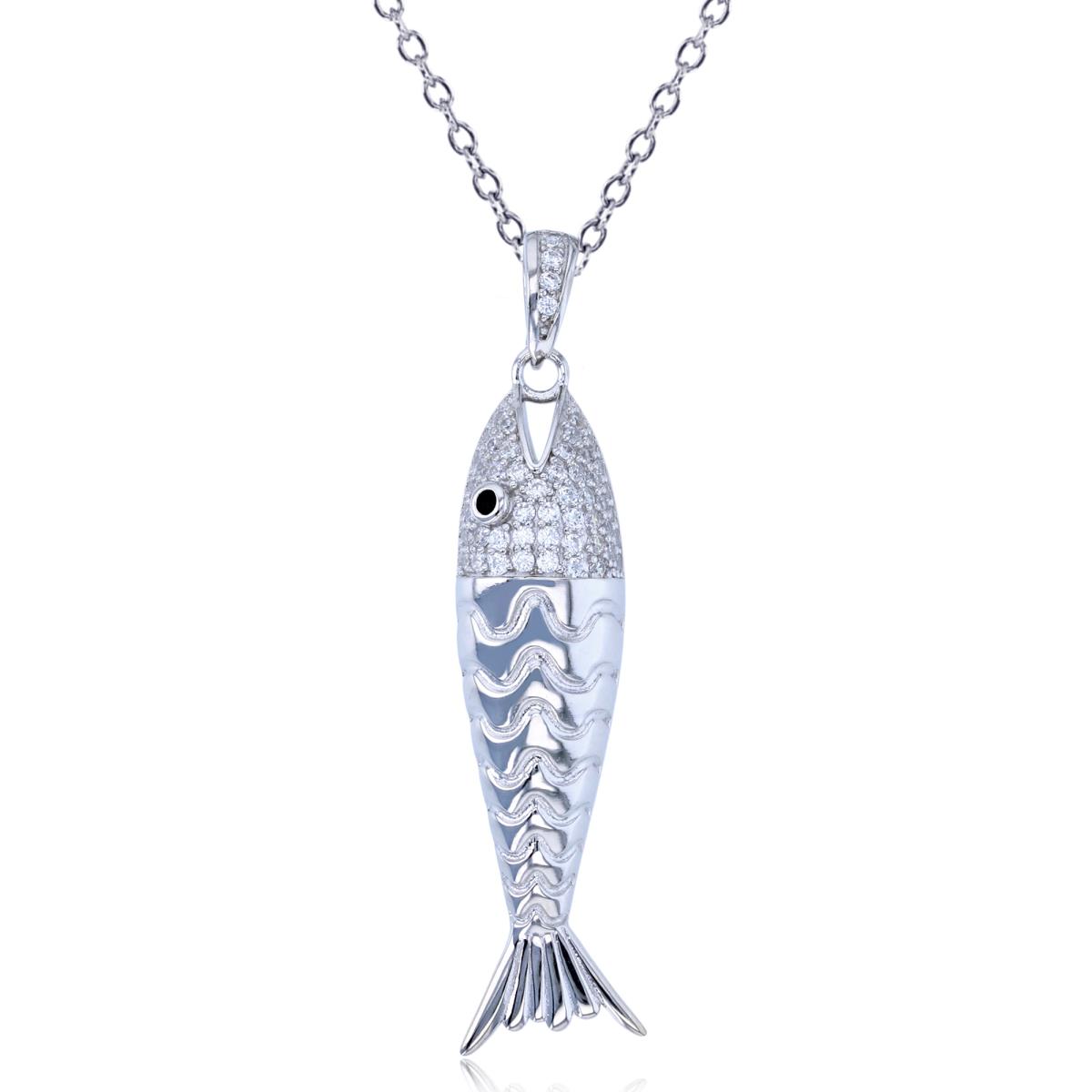 Sterling Silver Rhodium Rnd White/Black CZ Polished & Textured Fish 18"Necklace