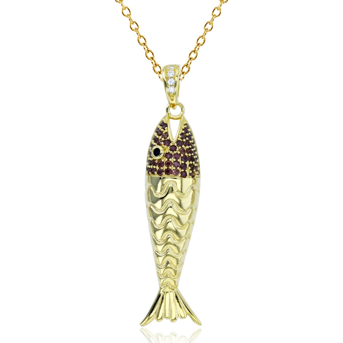 Sterling Silver+1Micron Yellow Gold Rnd Coffee/White/Black CZ Polished & Textured Fish 18"Necklace