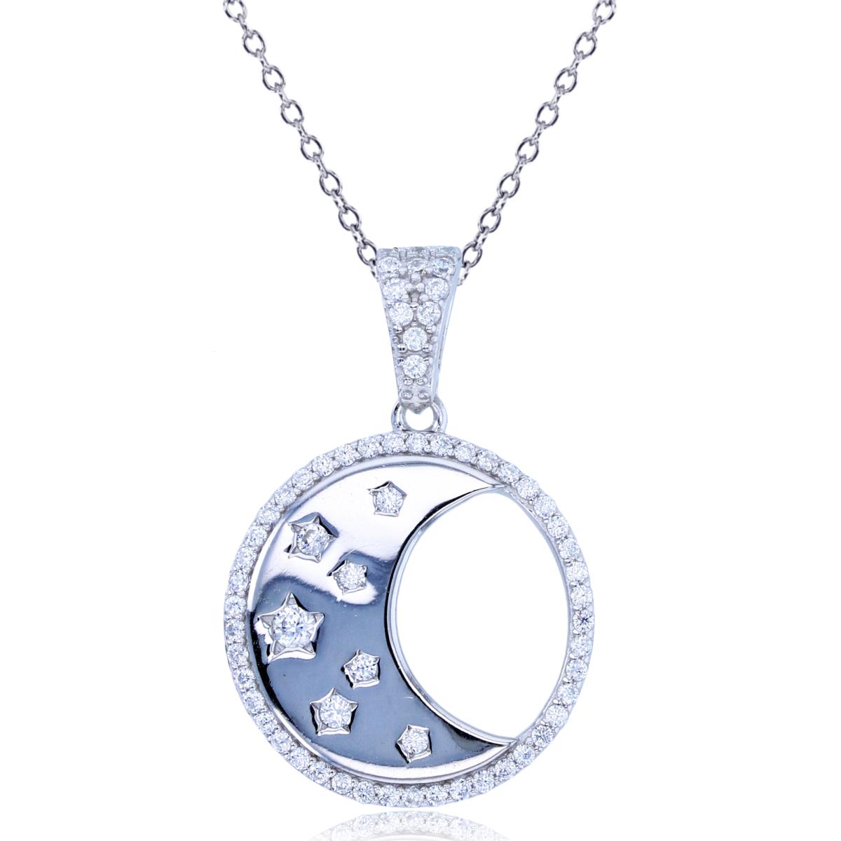 Sterling Silver Rhodium Rnd White CZ High Polished Moon in Circle 18"Necklace