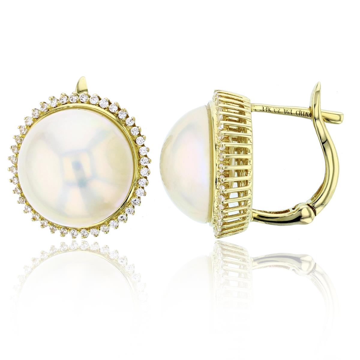 14K Yellow Gold Rnd CZ (0.24ctw) & 10mm Rnd Mabe Pearl Earrings