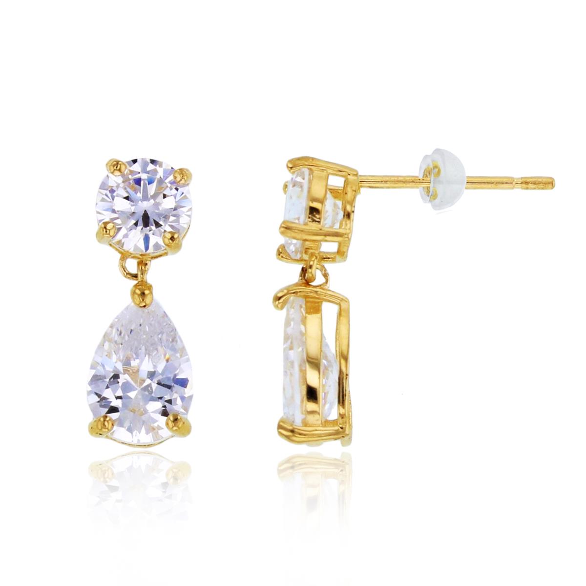 10K Yellow Gold 4.5mm Rnd & 7x5mm PS Drop CZ Dangling Earrings with Silicon Backs
