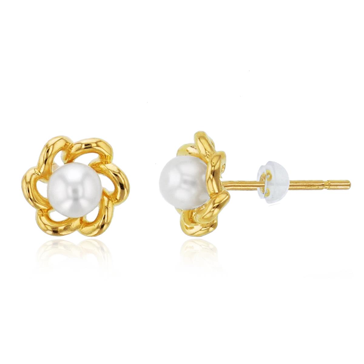 10K Yellow Gold 3mm Fresh Water Pearl Flower Studs with Silicone Backs