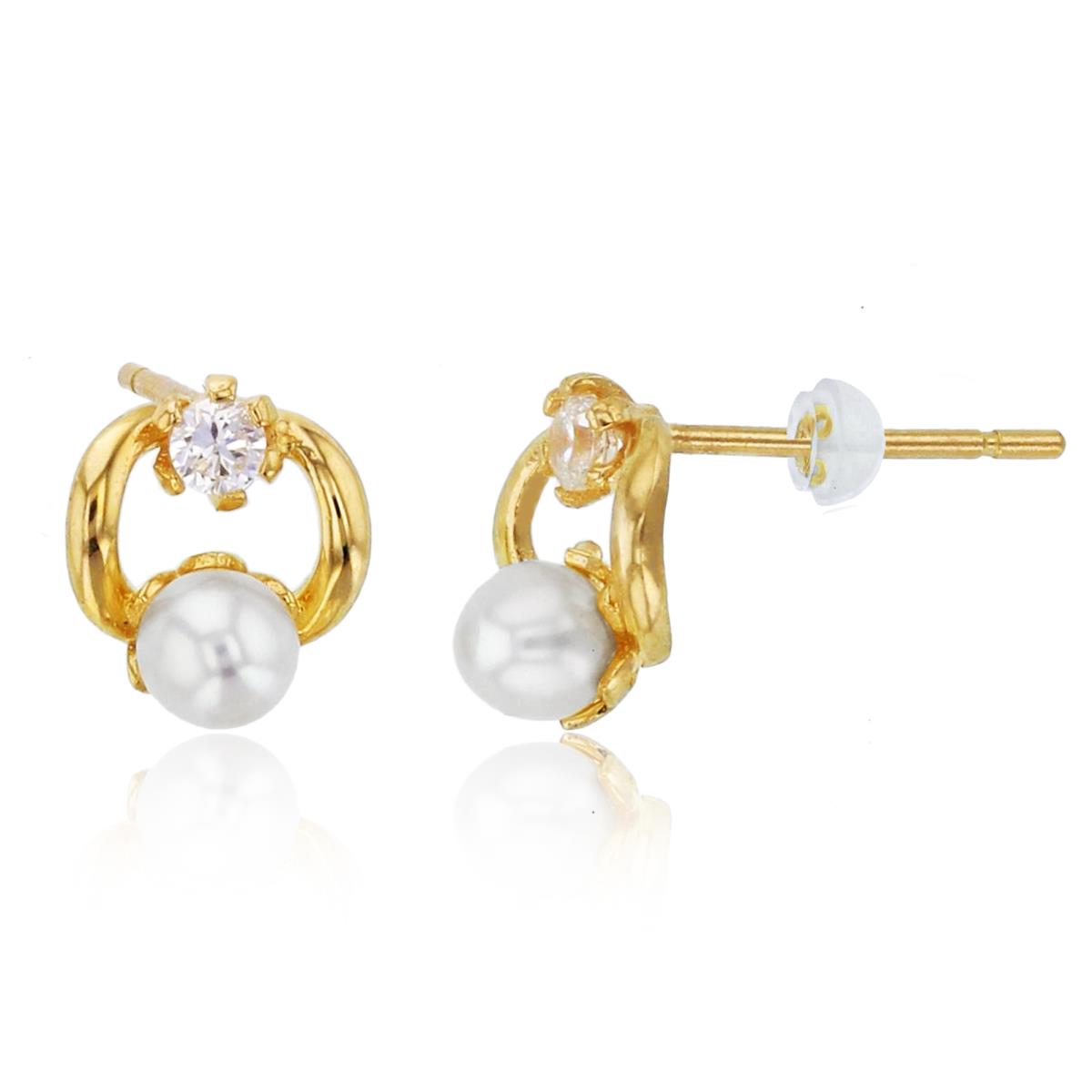 10K Yellow Gold 3mm Fresh Water Pearl & Rnd CZ Studs with Silicone Backs