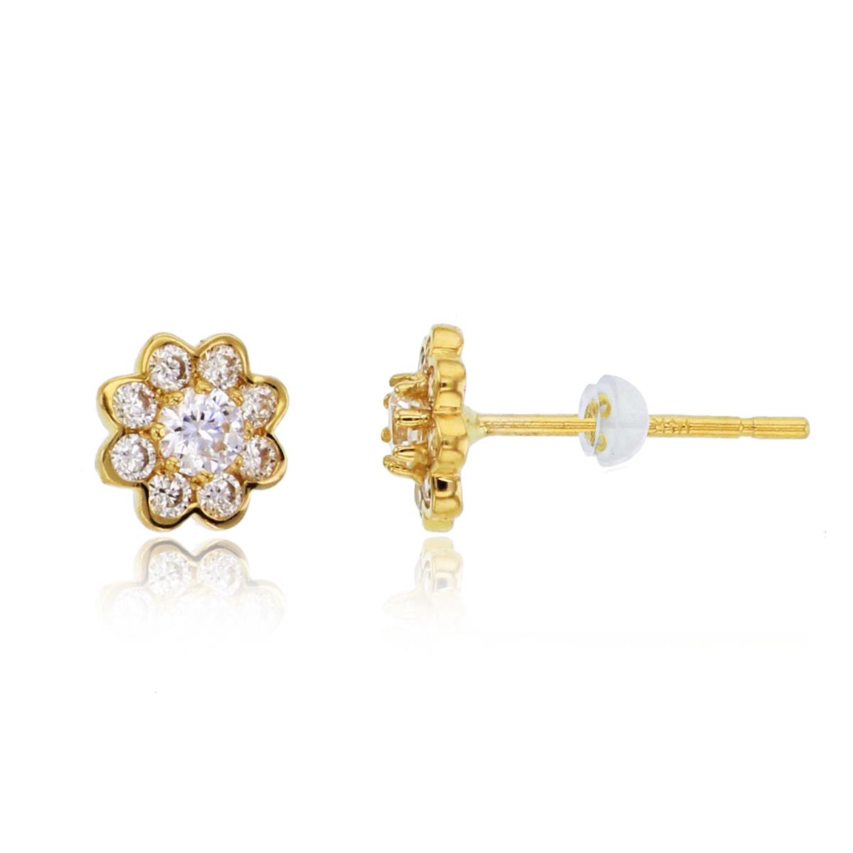 10K Yellow Gold Rnd CZ Flower Studs with Silicone Backs