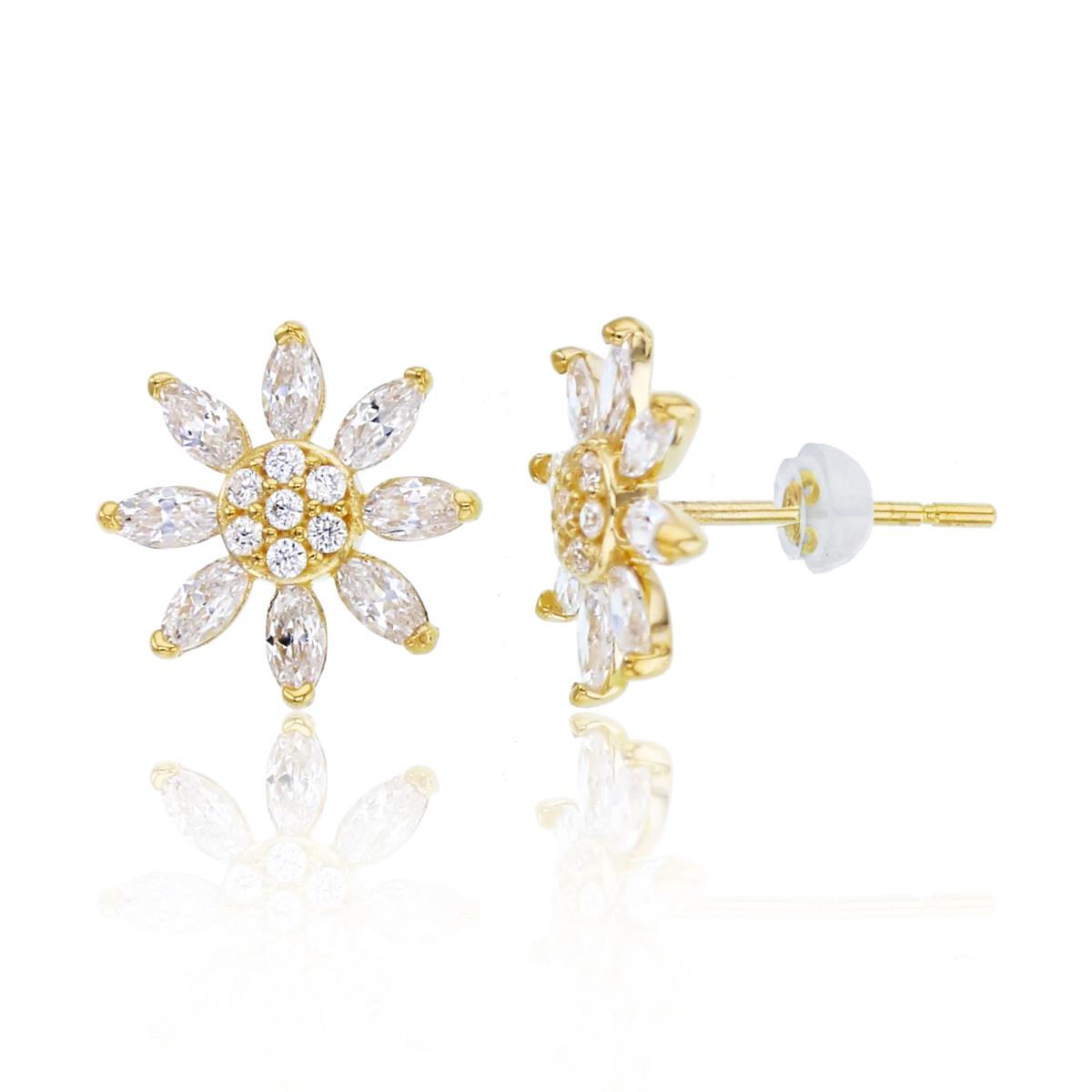 10K Yellow Gold MQ & Rnd CZ Flower Studs with Silicone Backs