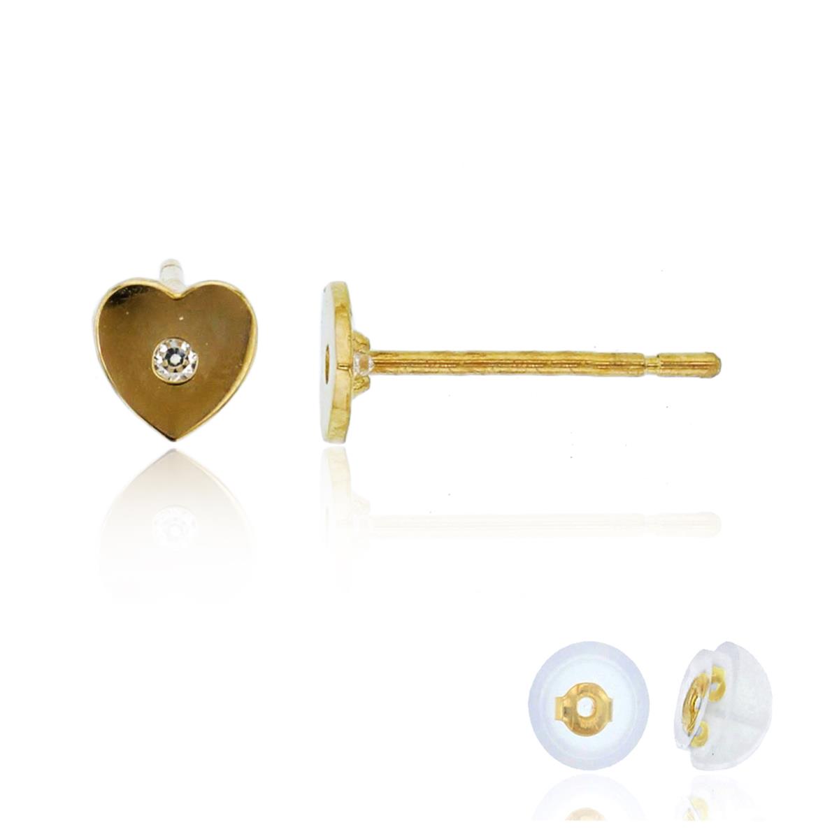 10K Yellow Gold Rnd CZ Center High Polished Heart Studs with Silicone Backs