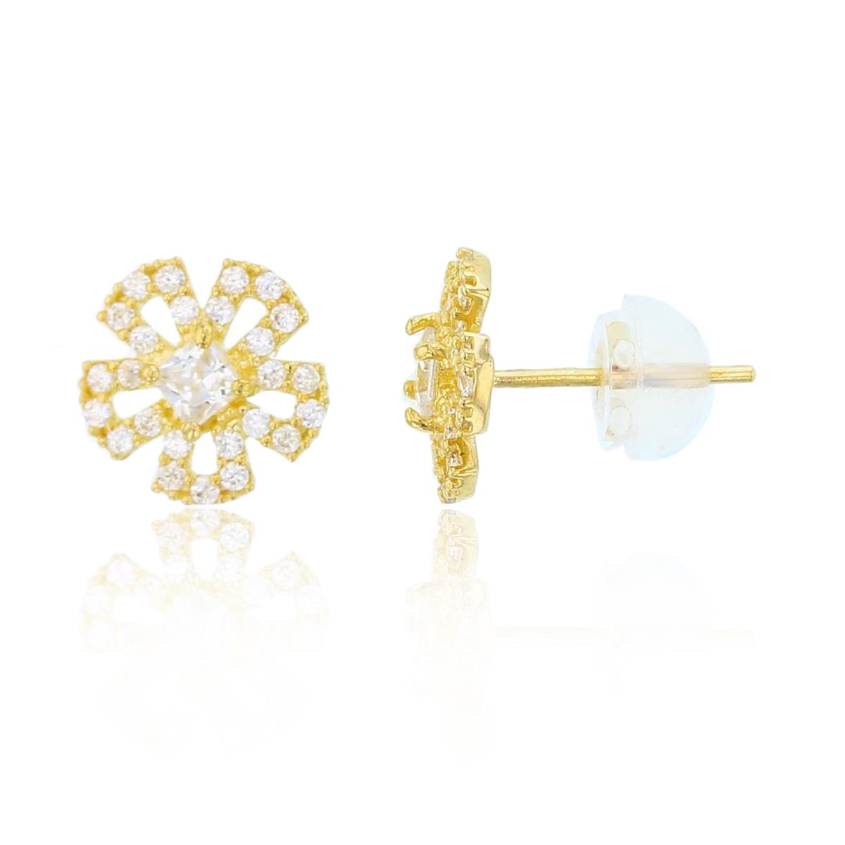 10K Yellow Gold Rnd & Princess CZ Flower Studs with Silicone Backs