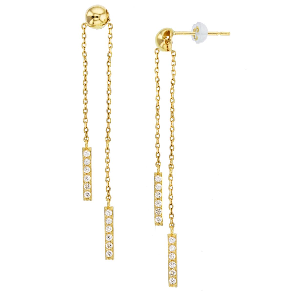 10K Yellow Gold High Polished & CZ Bars Dangling on Chain Earrings with Silicone Backs