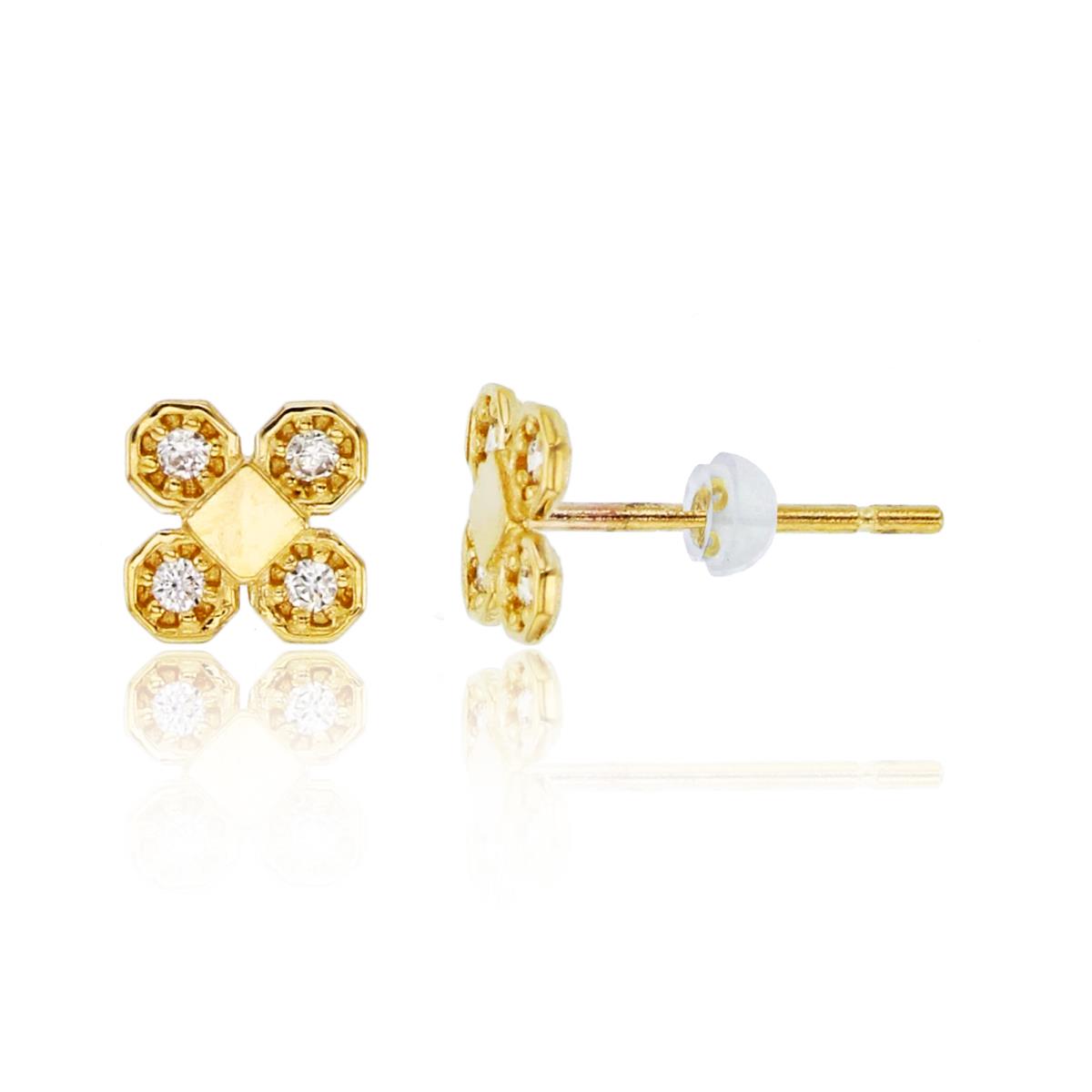 10K Yellow Gold Rnd CZ High Polished Center Flower Studs with Silicone Backs