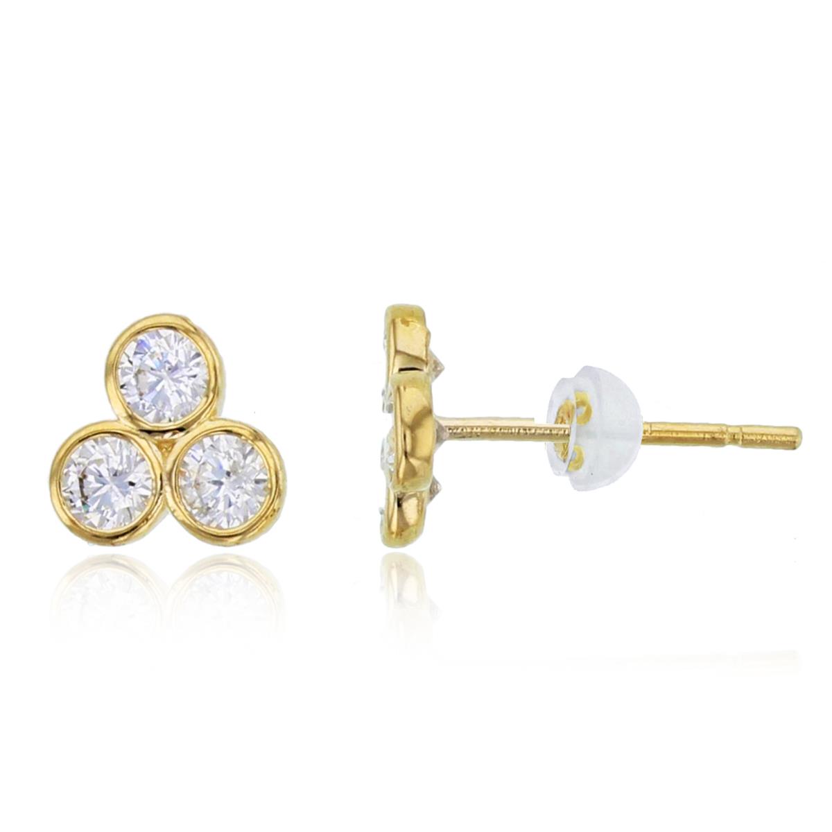 10K Yellow Gold 3-Bezel Rnd CZ Studs with Silicone Backs