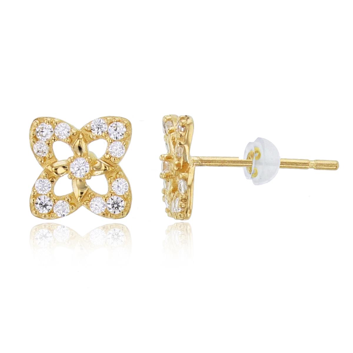 10K Yellow Gold Rnd CZ Flower Studs with Silicone Backs