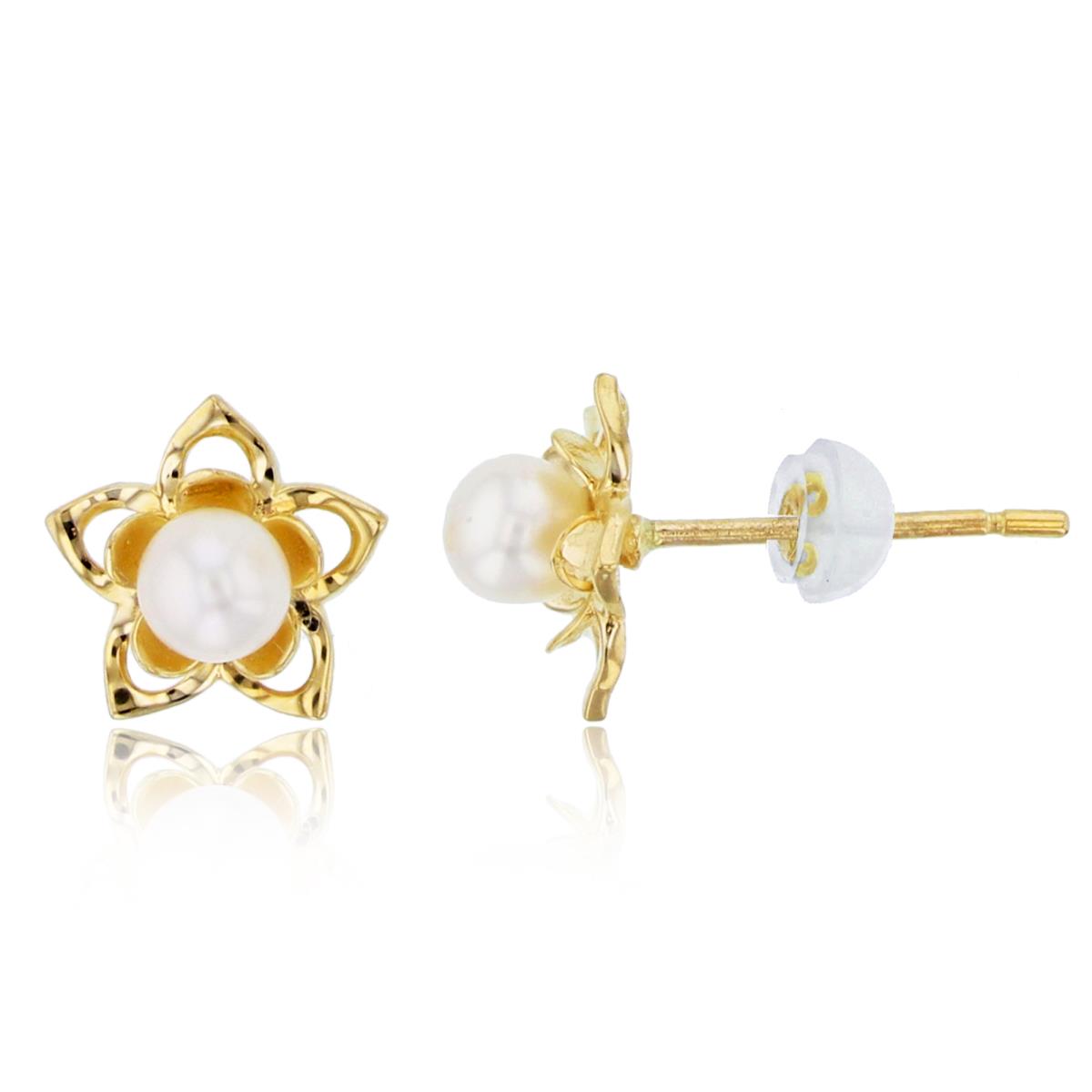 10K Yellow Gold 3mm Fresh Water Pearl Flower Studs with Silicone Backs