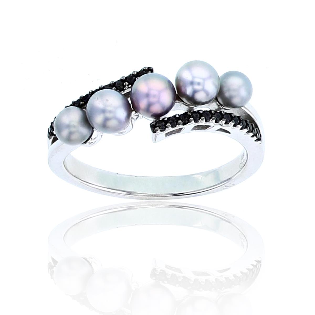 Sterling Silver Rhodium Round Gray Pearl Front & Black Spinel Bypass Fashion Ring