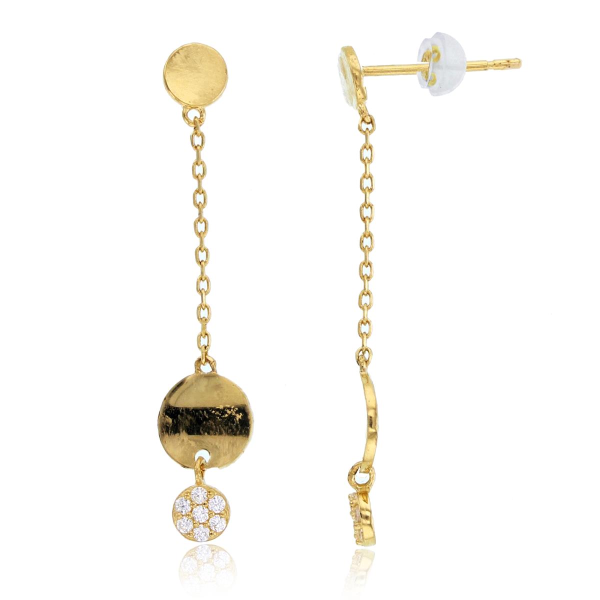 10K Yellow Gold High Polished & CZ Circles Dangling on Chain Earring with Silicone Back