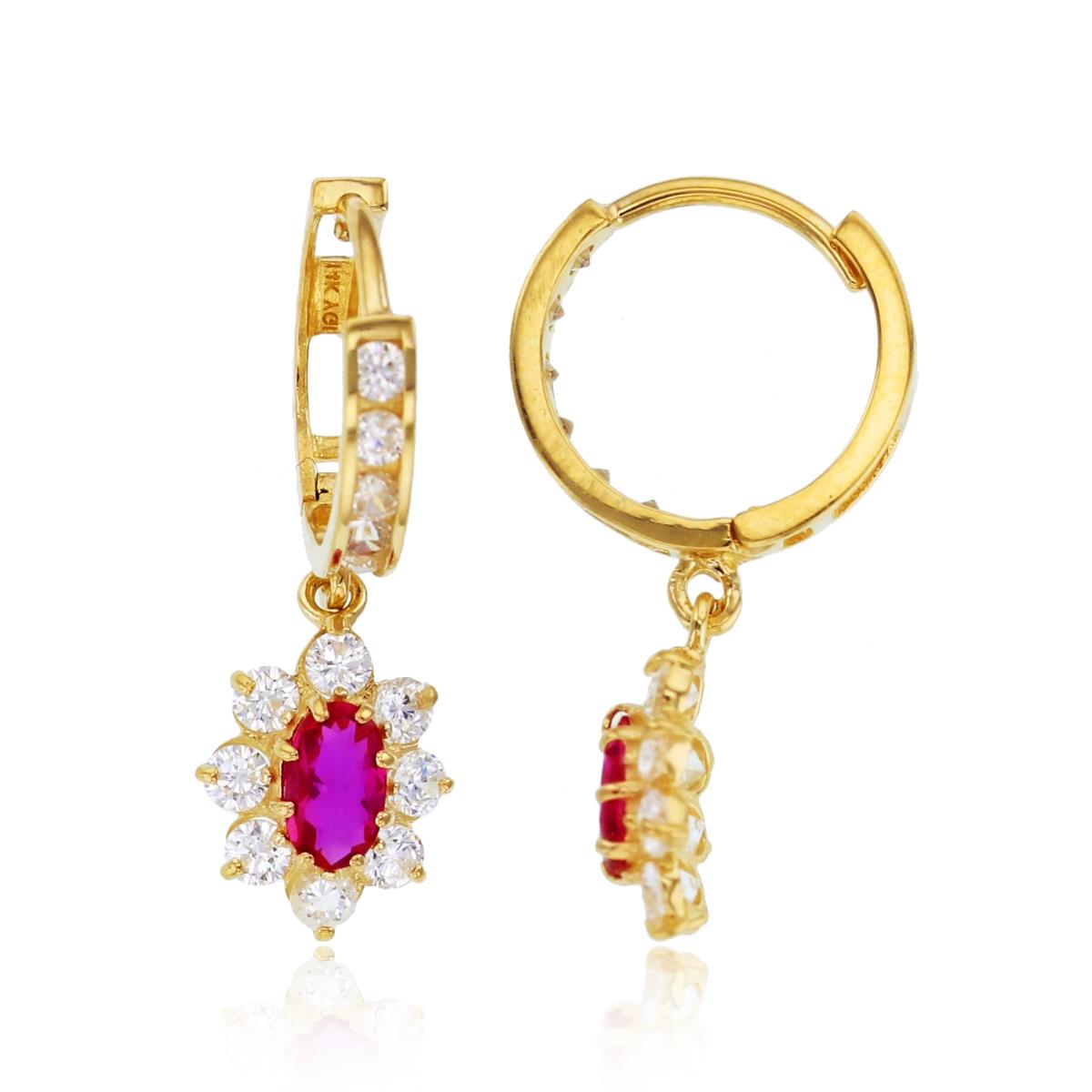 10K Yellow Gold Rnd White & Ruby CZ Flower Dangling on Huggie Earrings