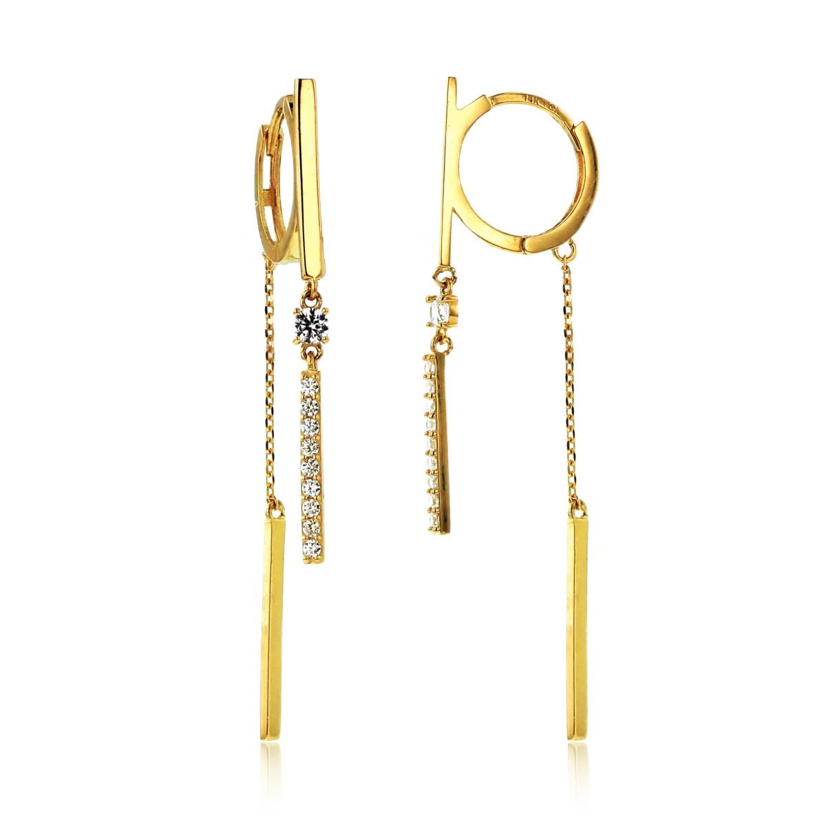 10K Yellow Gold High Polished & Rnd CZ Bars Dangling on Huggie Earrings