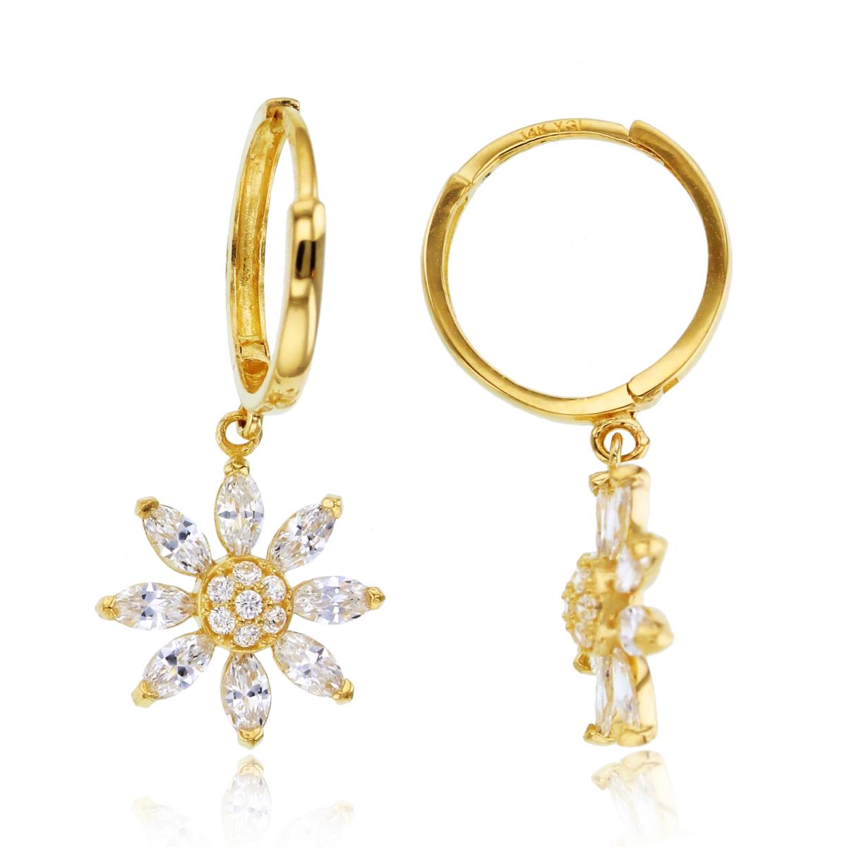 10K Yellow Gold Rnd & Marquise CZ Dangling Flower on Huggie Top Earrings