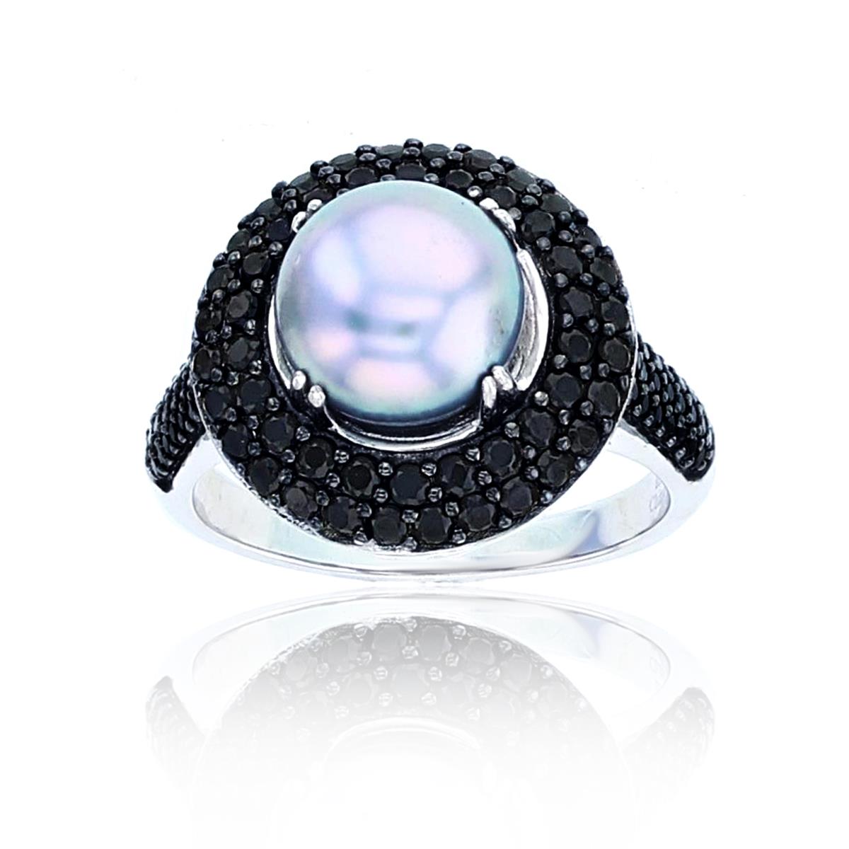 Sterling Silver Rhodium 9mm Rd Gray Pearl & Double Halo Black Spinel Fashion Ring