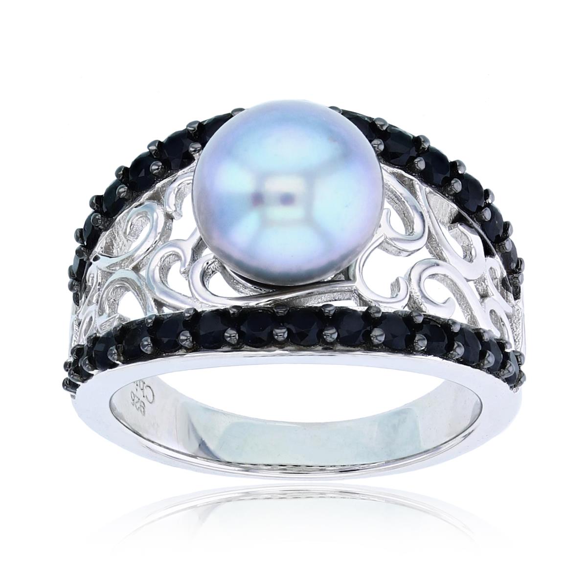 Sterling Silver Rhodium 8.5mm Rd Gray Pearl & Black Spinel Graduated Filigree Ring