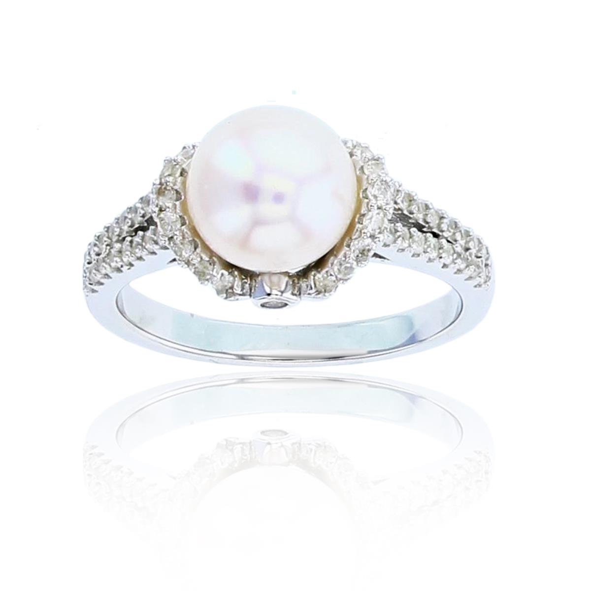 Sterling Silver Rhodium 8mm Rd Pearl & White Zircon Fashion Ring