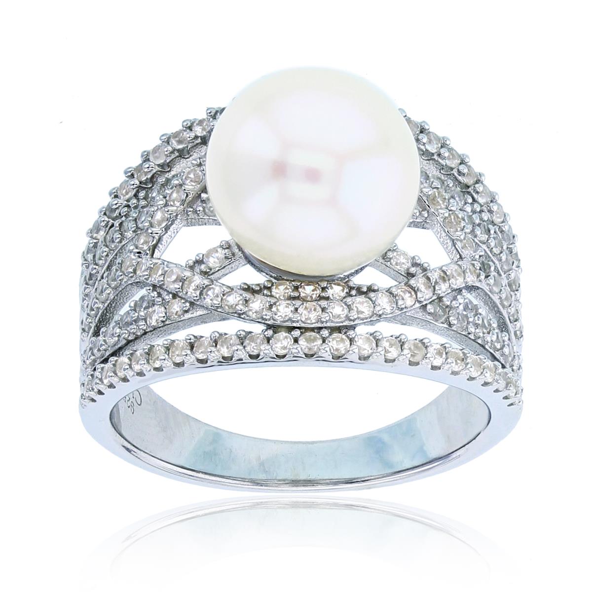 Sterling Silver Rhodium 9mm Rd Pearl & White Zircon Highway Fashion Ring