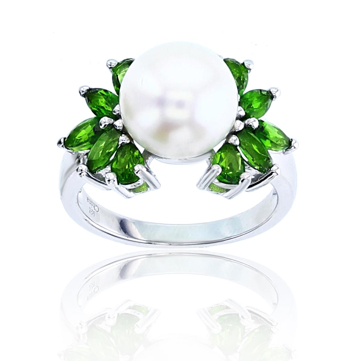 Sterling Silver Rhodium 10mm Rd Pearl & Mq/Ps Chrome Diopside Flower Ring