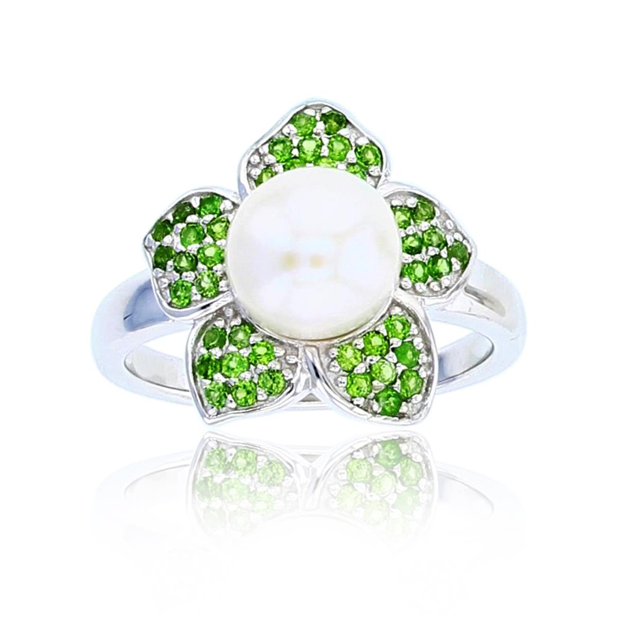 Sterling Silver Rhodium 8.5mm Rd Pearl & Chrome Diopside Flower Ring