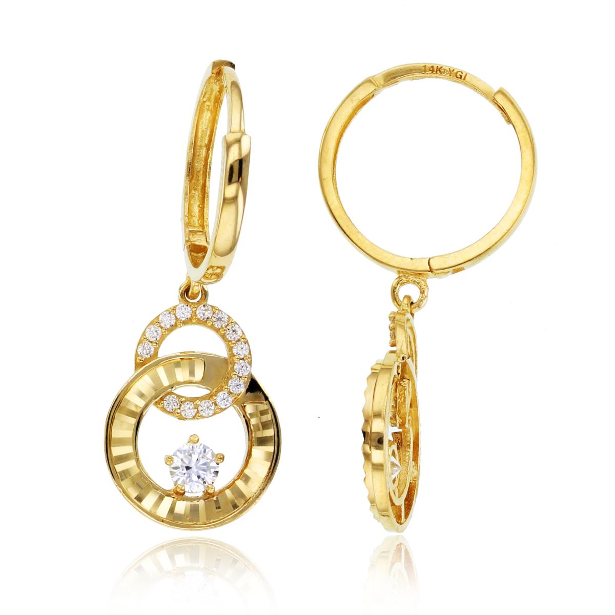 10K Yellow Gold Rnd CZ & DC Invert Open Circles Dangling on Huggie Earrings