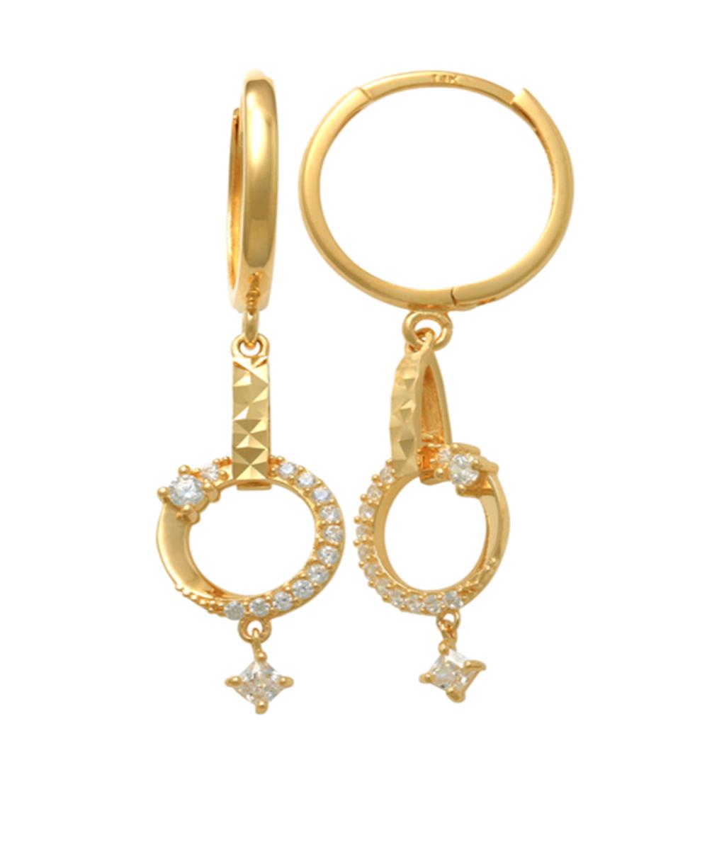 10K Yellow Gold Princess /Rnd CZ Circle & DC Bar Dangling on Huggie Earrings