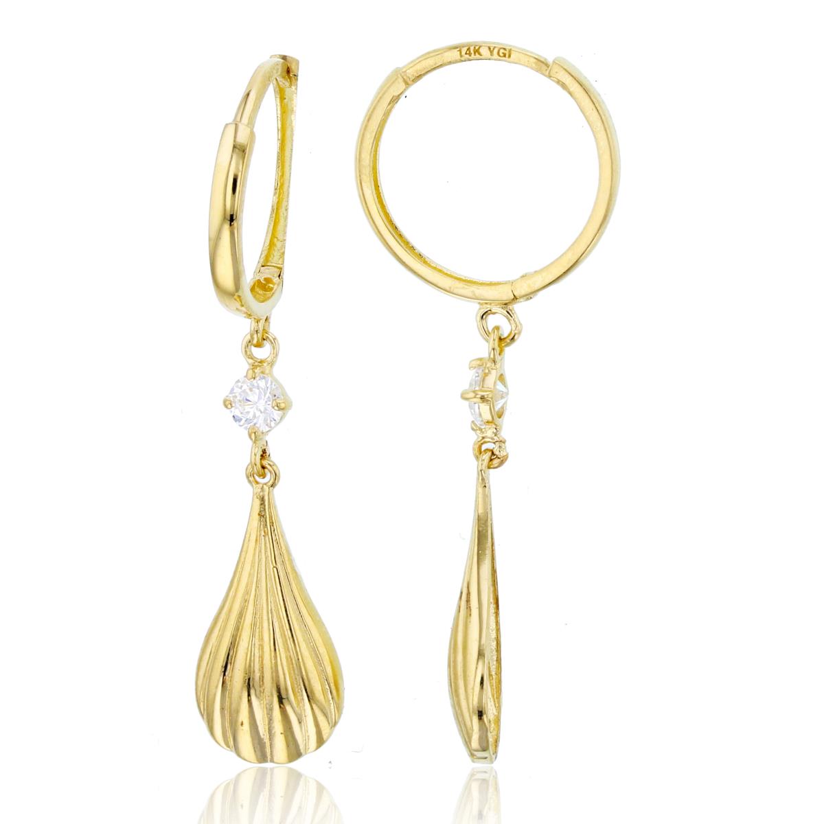 10K Yellow Gold 3mm Rnd CZ & Textured PS-Drop Dangling on Huggie Top Earrings