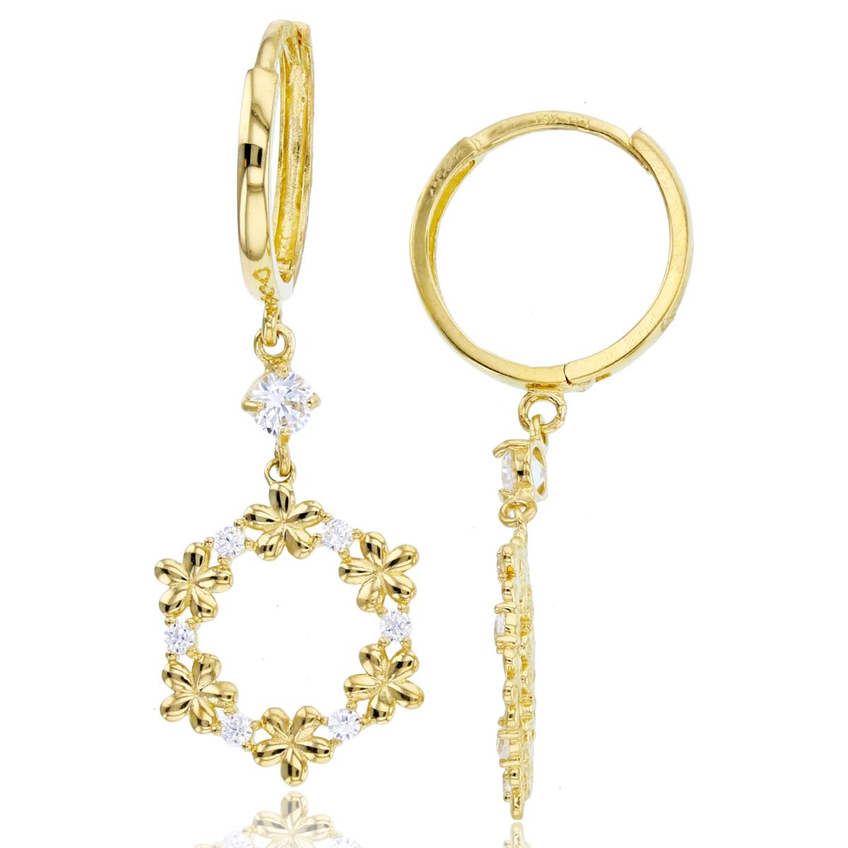 10K Yellow Gold Alternate Rnd CZ & Polish Flower Open Circle Dangling on Huggie Earrings