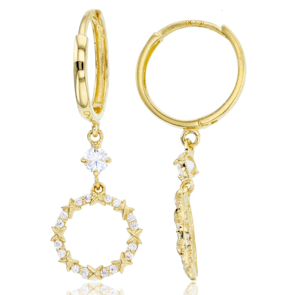 10K Yellow Gold Alternate Rnd CZ & Polish"X" Open Circle Dangling on Huggie Earrings