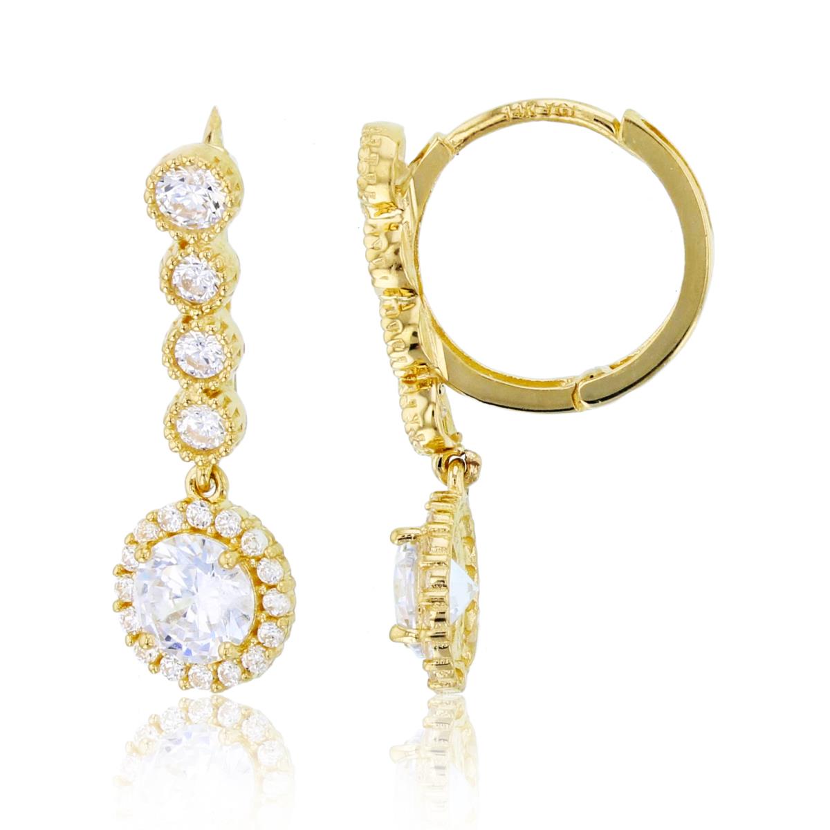 10K Yellow Gold Graduated Milgraine Bezel CZ Row & Halo Dangle on Huggie Earrings