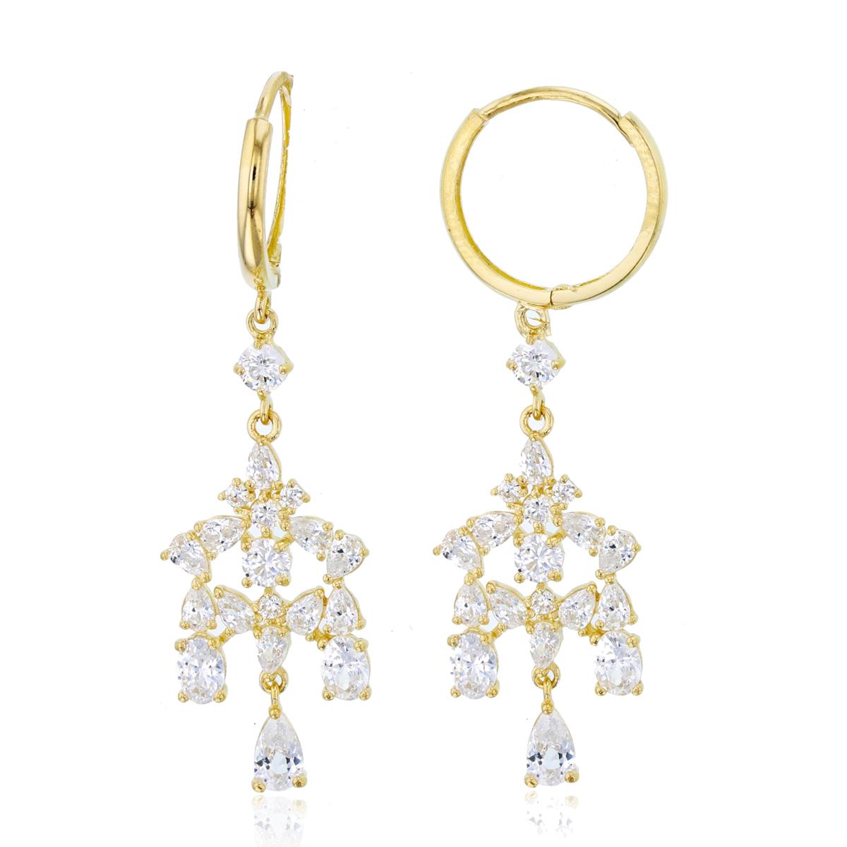 10K Yellow Gold PS/ Ov/ Rnd CZ Chandelier Dangling on Huggie Earrings