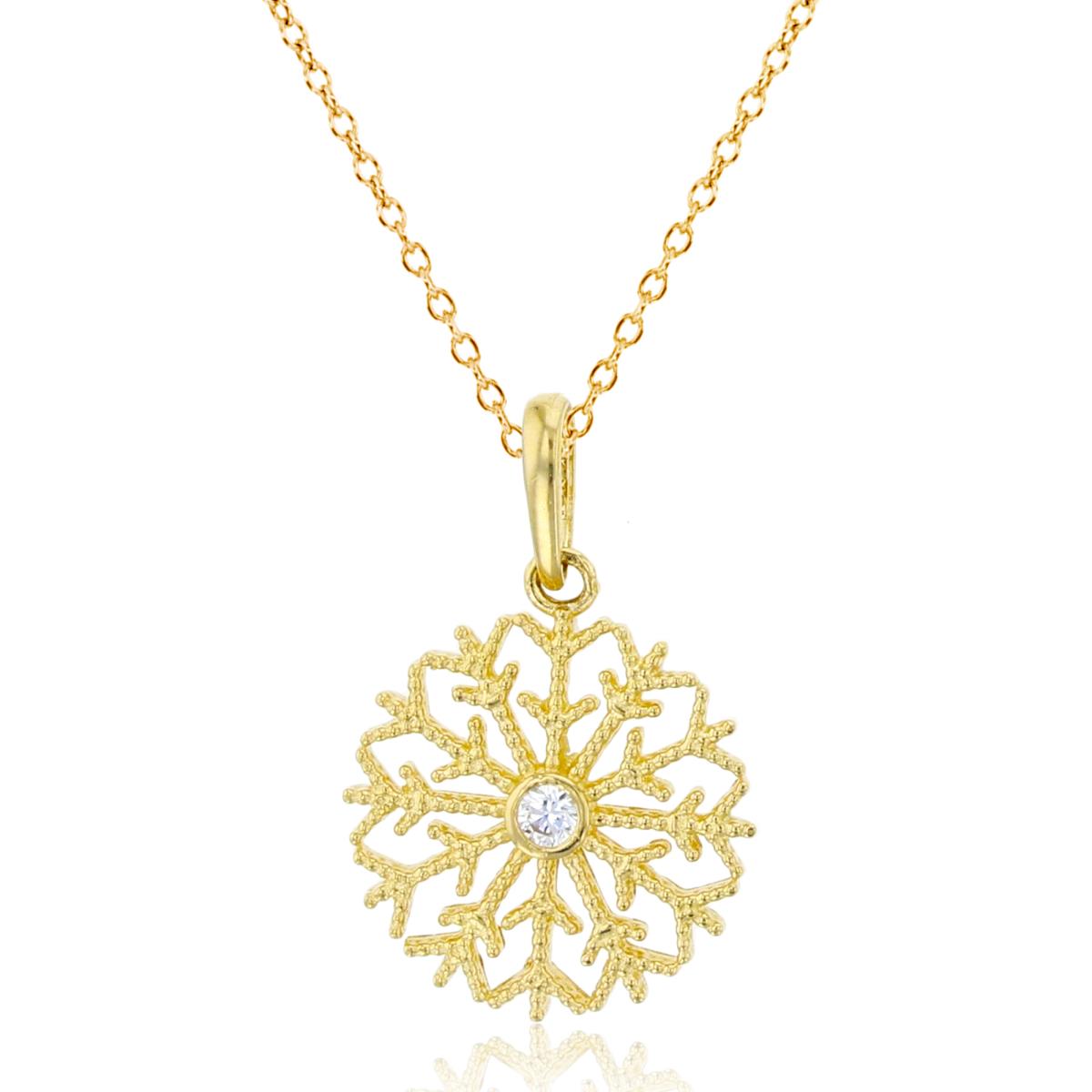10K Yellow Gold Rnd CZ Bezel Milgraine Snowflake 18"Necklace