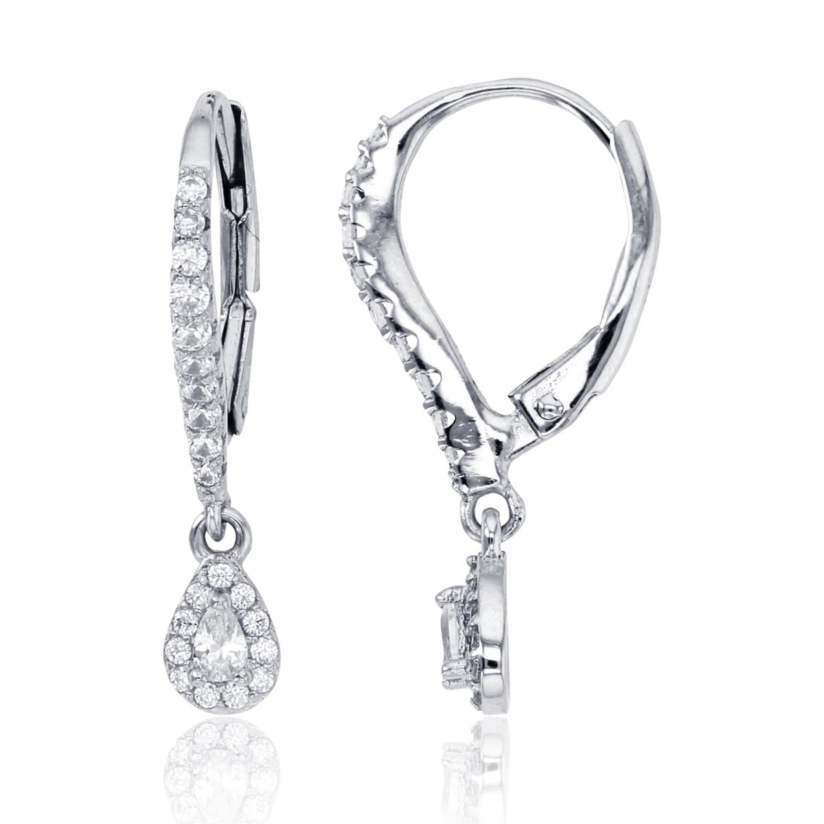 Sterling Silver Rhodium PS & Rnd CZ Pear Drop Dangling Earrings