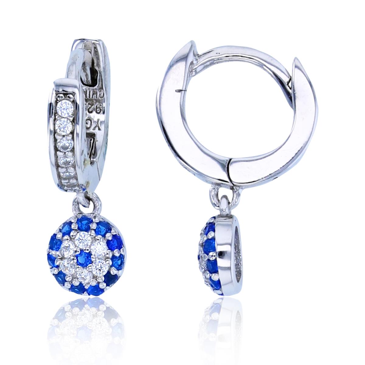 Sterling Silver Rhodium Rnd White & #113 Blue Spinel CZ Circle Dangling on Huggie Top Earrings