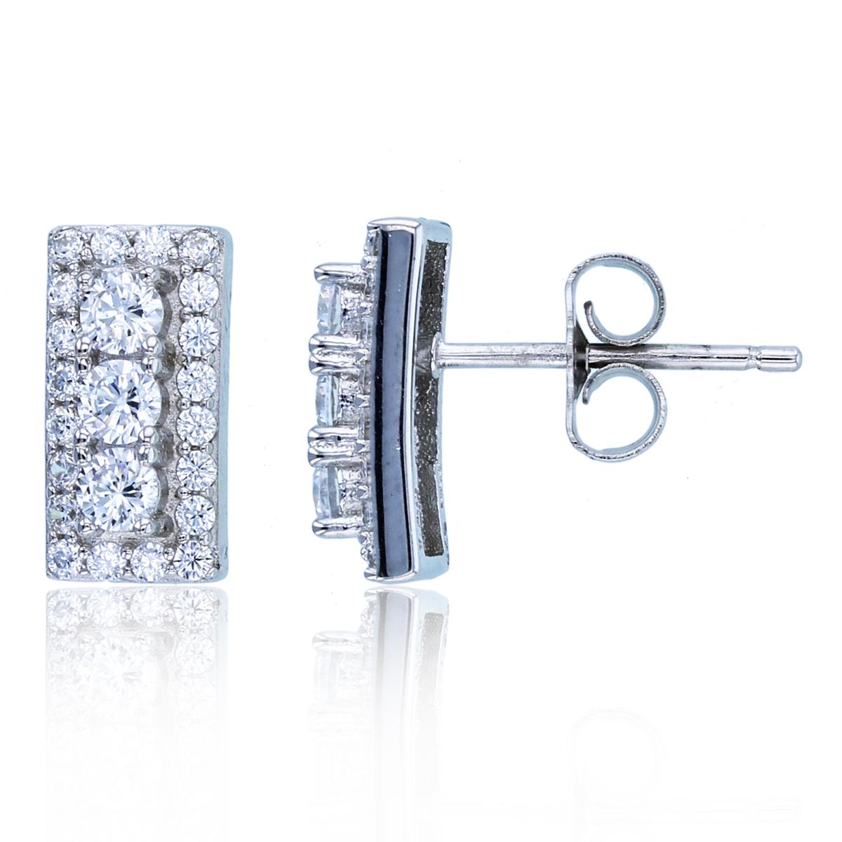 Sterling Silver Rhodium Rnd CZ Center Row Rectangle Studs