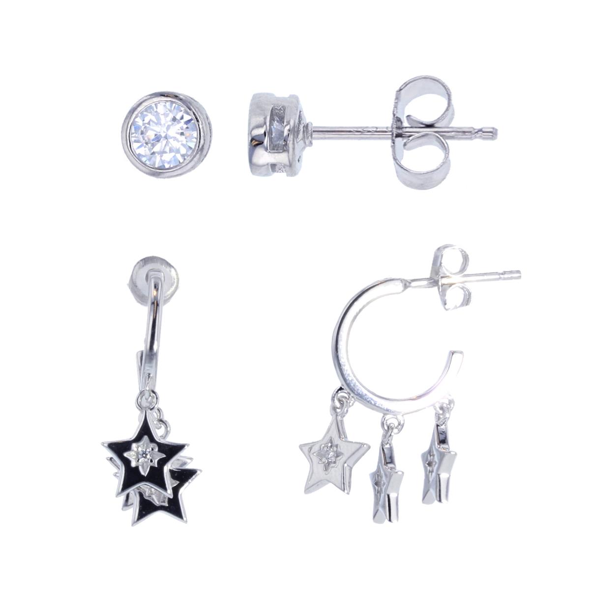 Sterling Silver Rhodium Dangling Stars Half Hoop & 4mm Rd CZ Bezel Stud Earring Set