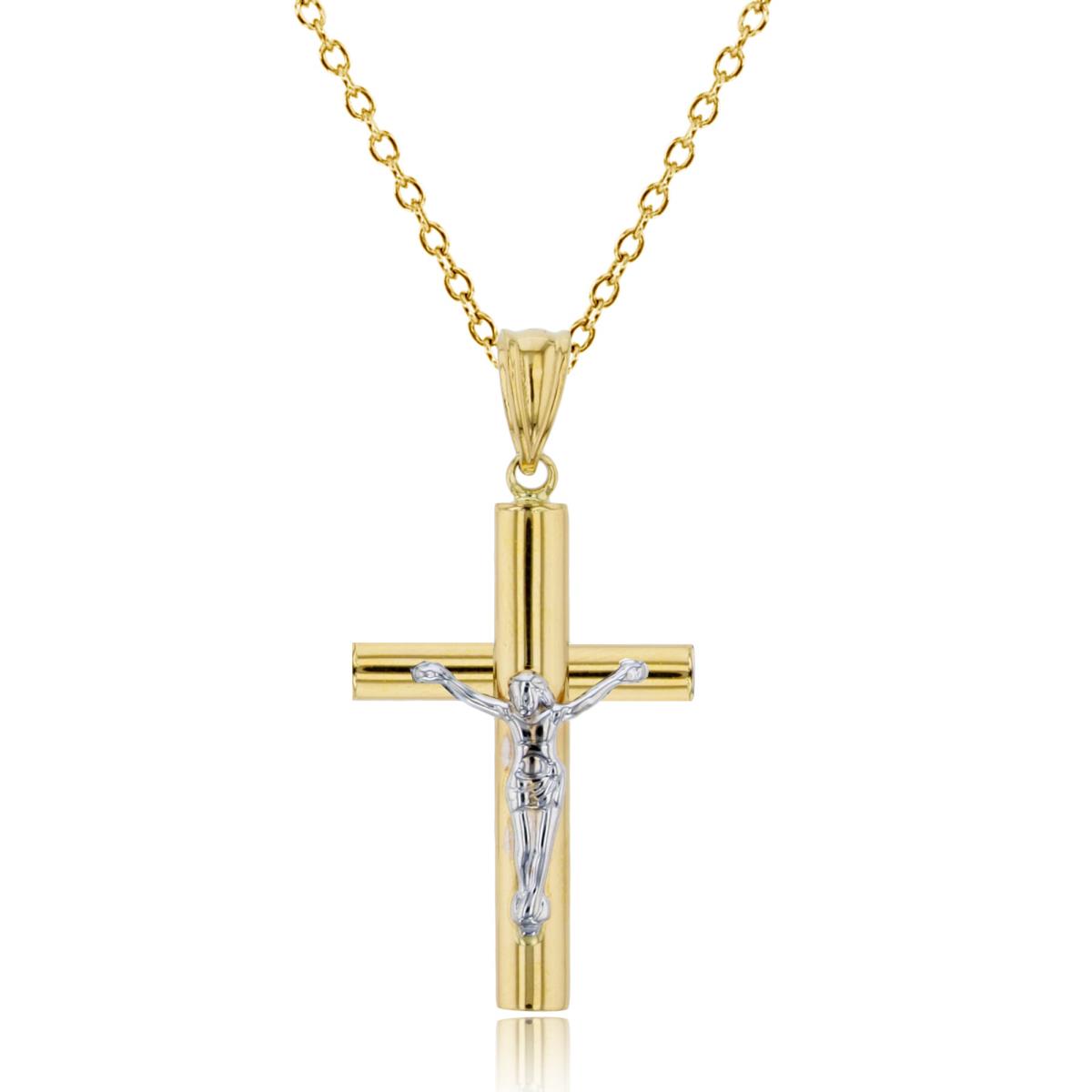 14K Yellow Gold Polished White Plated Crucifix Cross 18" Necklace